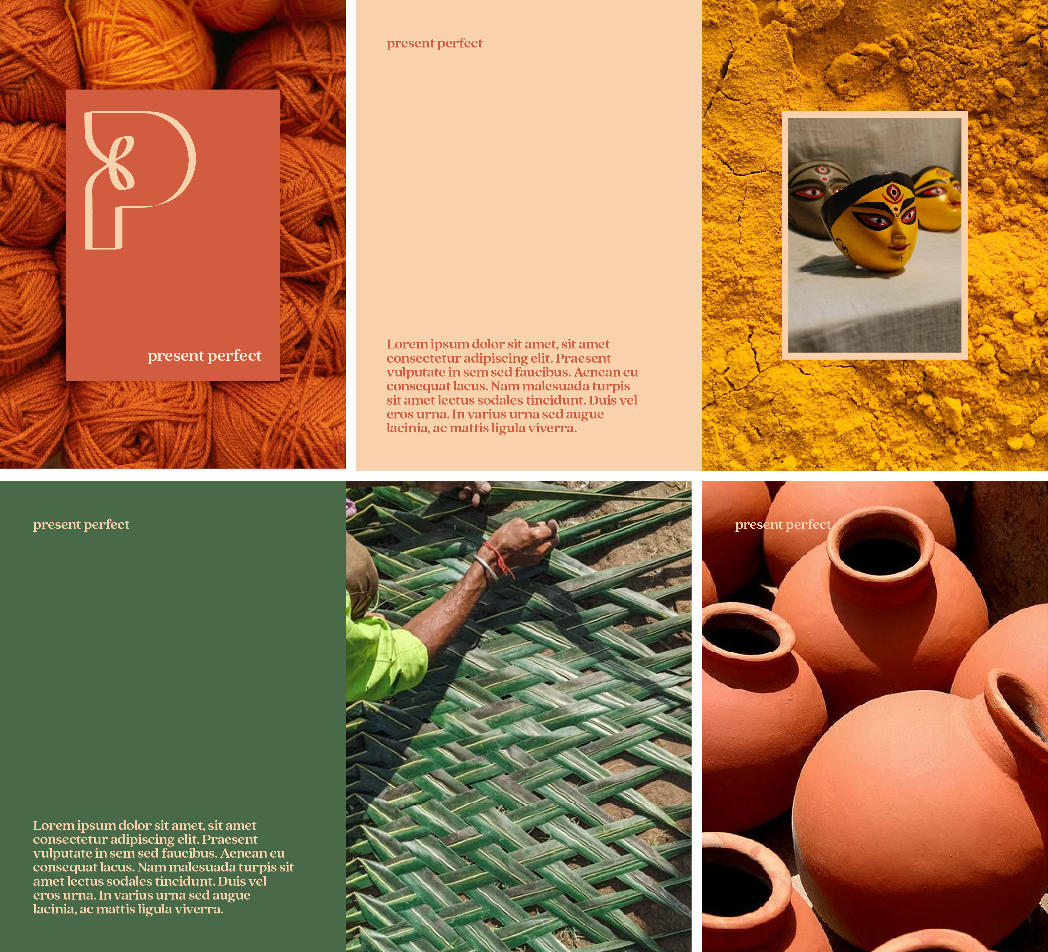 Brand layouts: the ribbon P on knitted yarn, a turmeric panel with a painted mask, woven fabric and clay pots, each with sample text